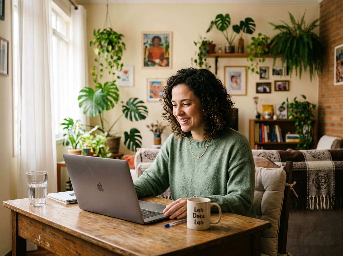 Paciente em sessão de terapia online, sorrindo diante do notebook em casa